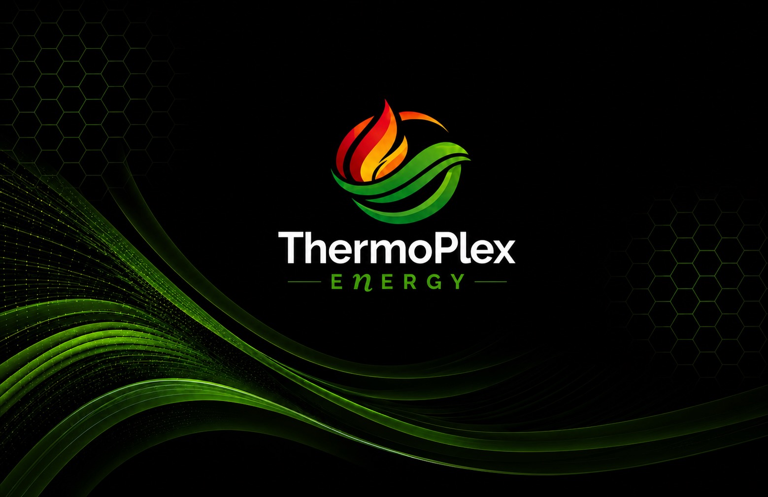 ThermoPlex Energy — flame and leaf mark, green flowing energy ribbons, and honeycomb pattern on black